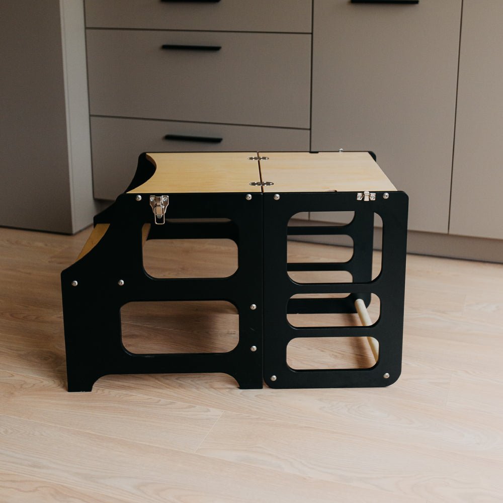 Foldable kitchen tower high chair with a slide - Duck Woodworks