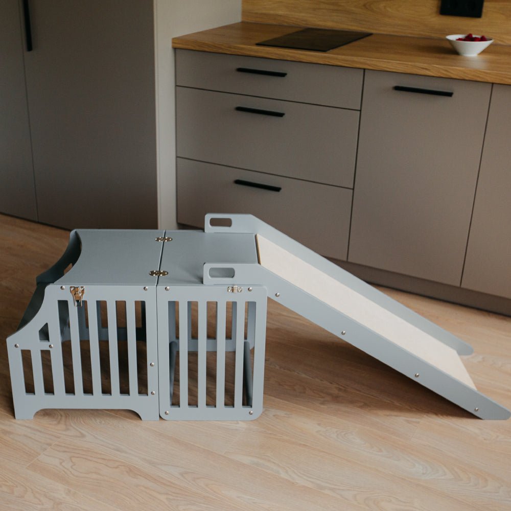 Foldable kitchen tower with slide (striped collection) - Duck Woodworks