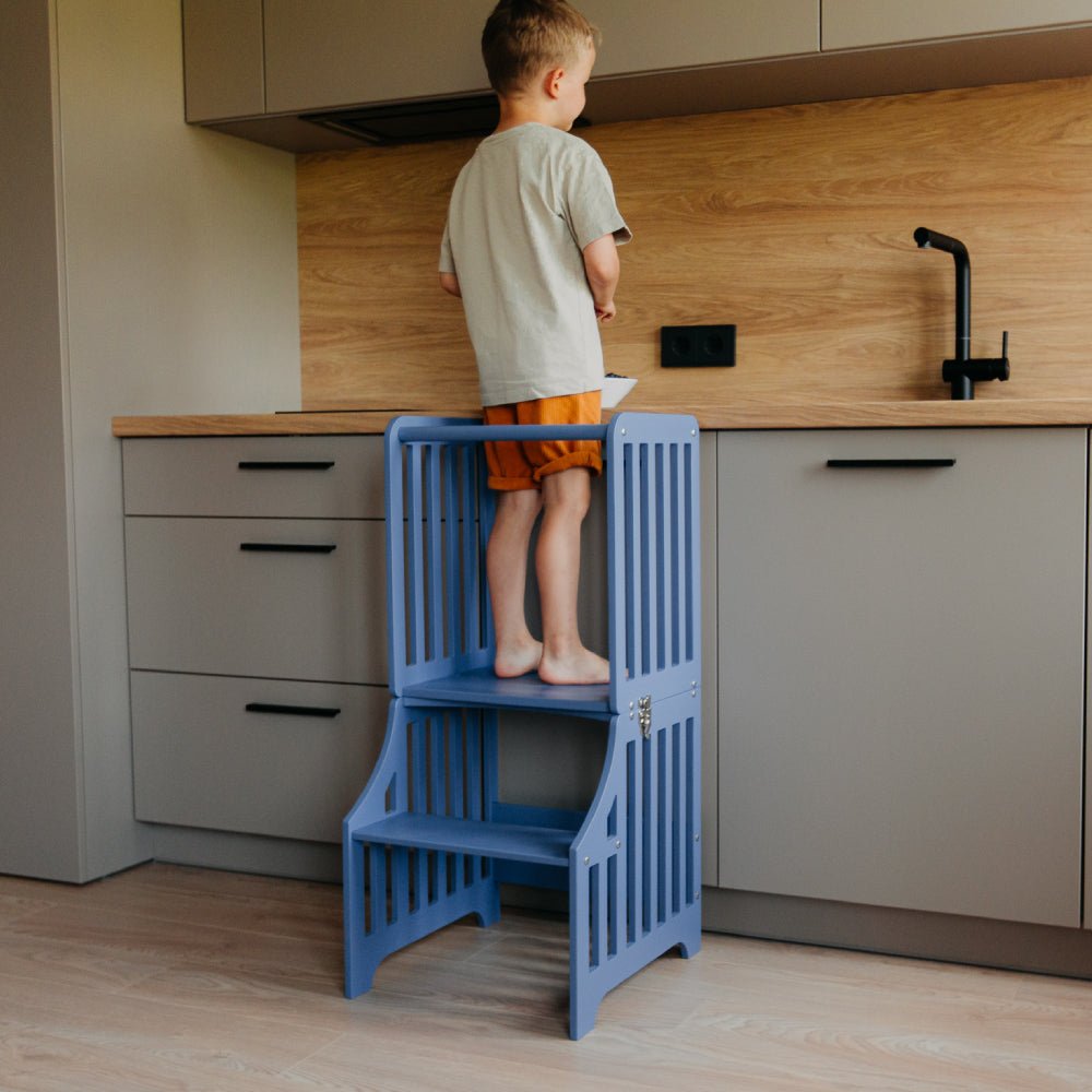 Foldable kitchen tower with slide (striped collection) - Duck Woodworks