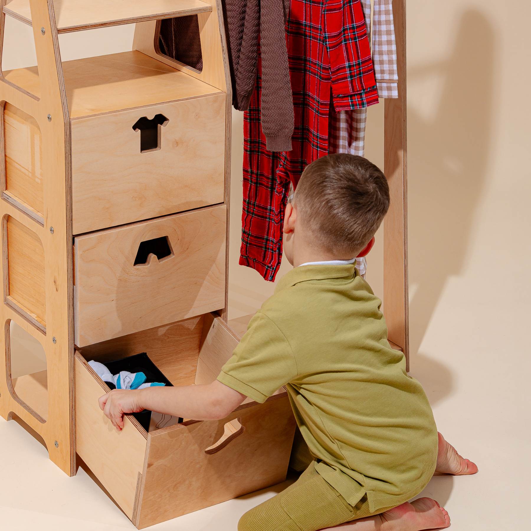 Clothing Rack with drawers (clothing shape holes) - Duck Woodworks