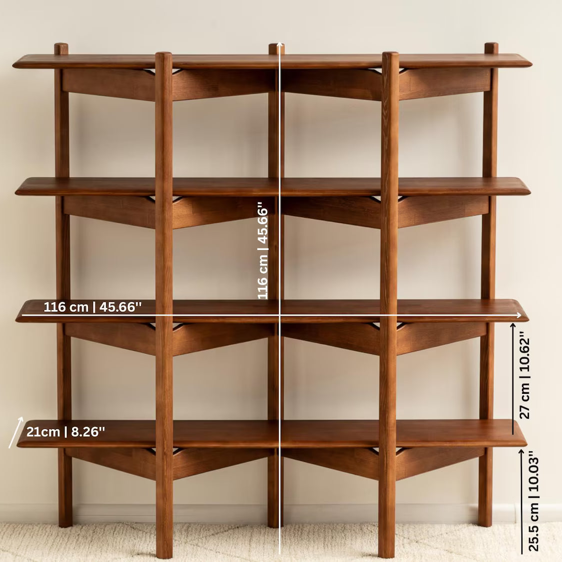 Wooden bookshelf with measurements on a neutral background