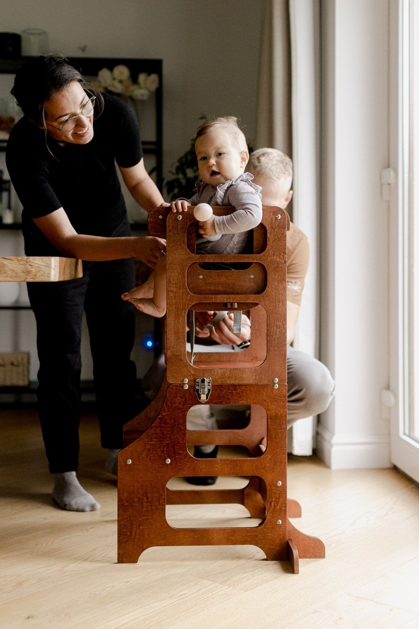 Mid - Century modern foldable kitchen tower high chair - Duck Woodworks