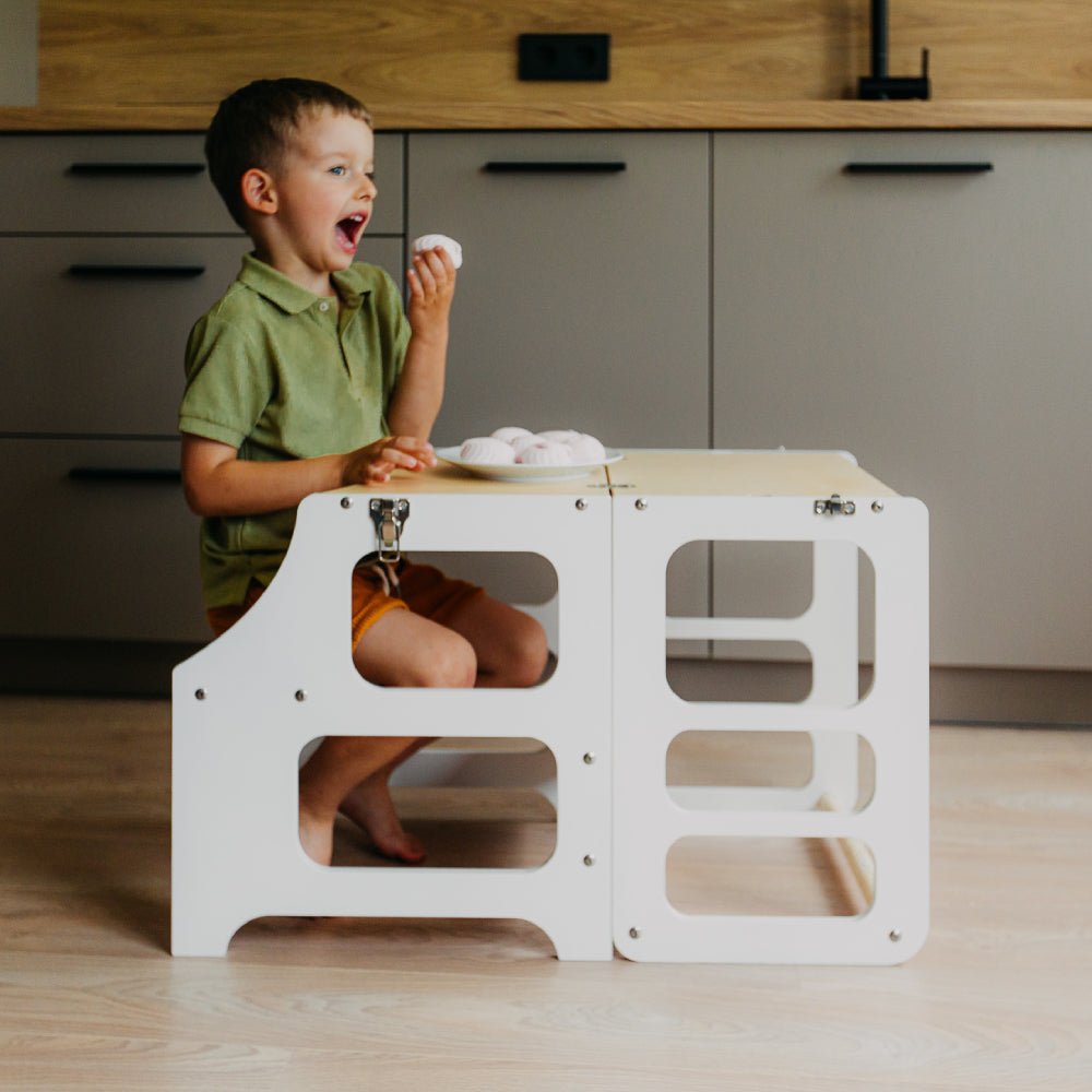 Foldable kitchen tower high chair with a slide - Duck Woodworks