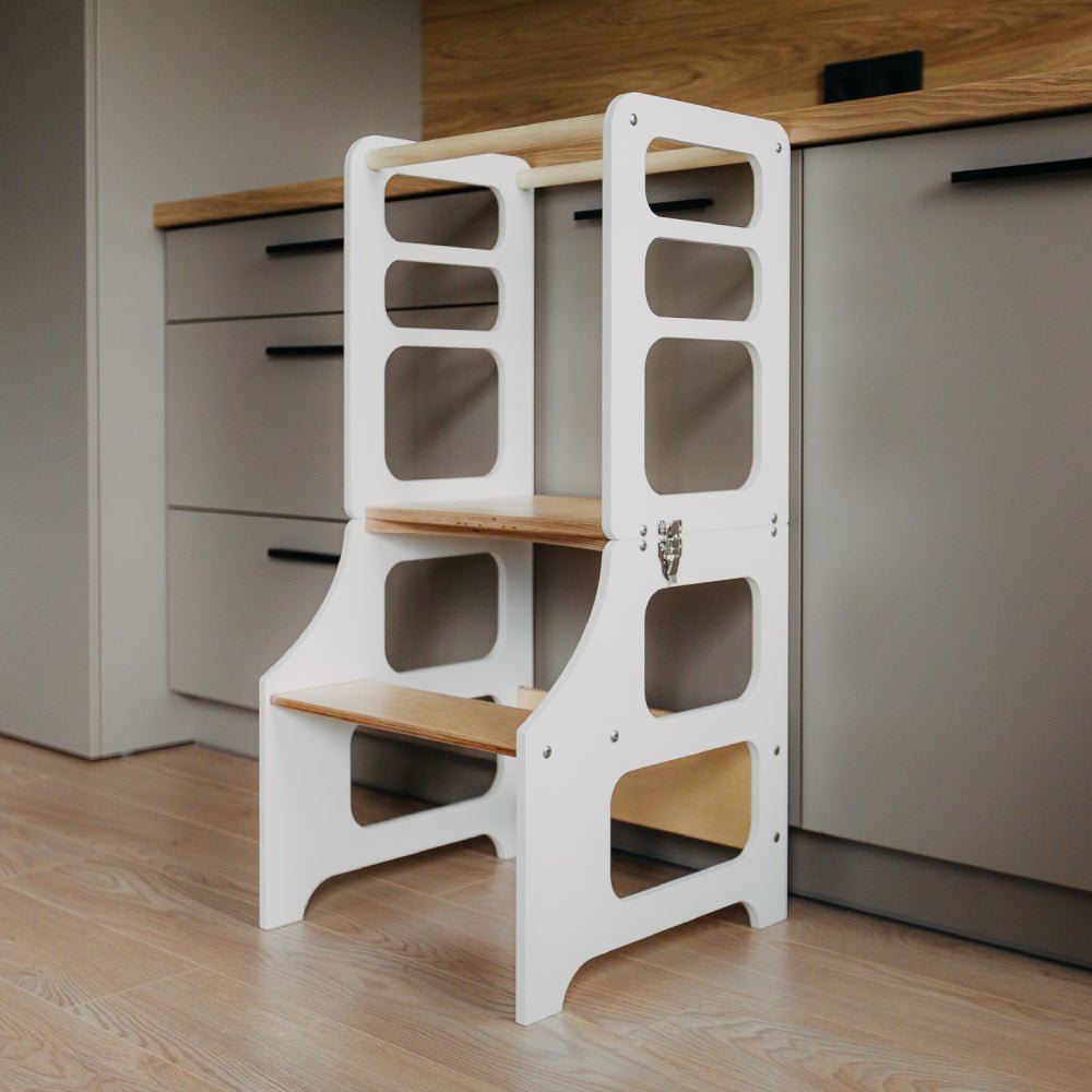 Foldable Kitchen Tower With a Slide - Duck Woodworks