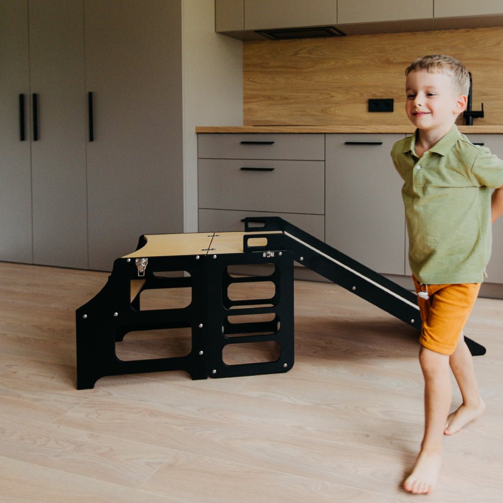 Foldable kitchen tower high chair with a slide - Duck Woodworks