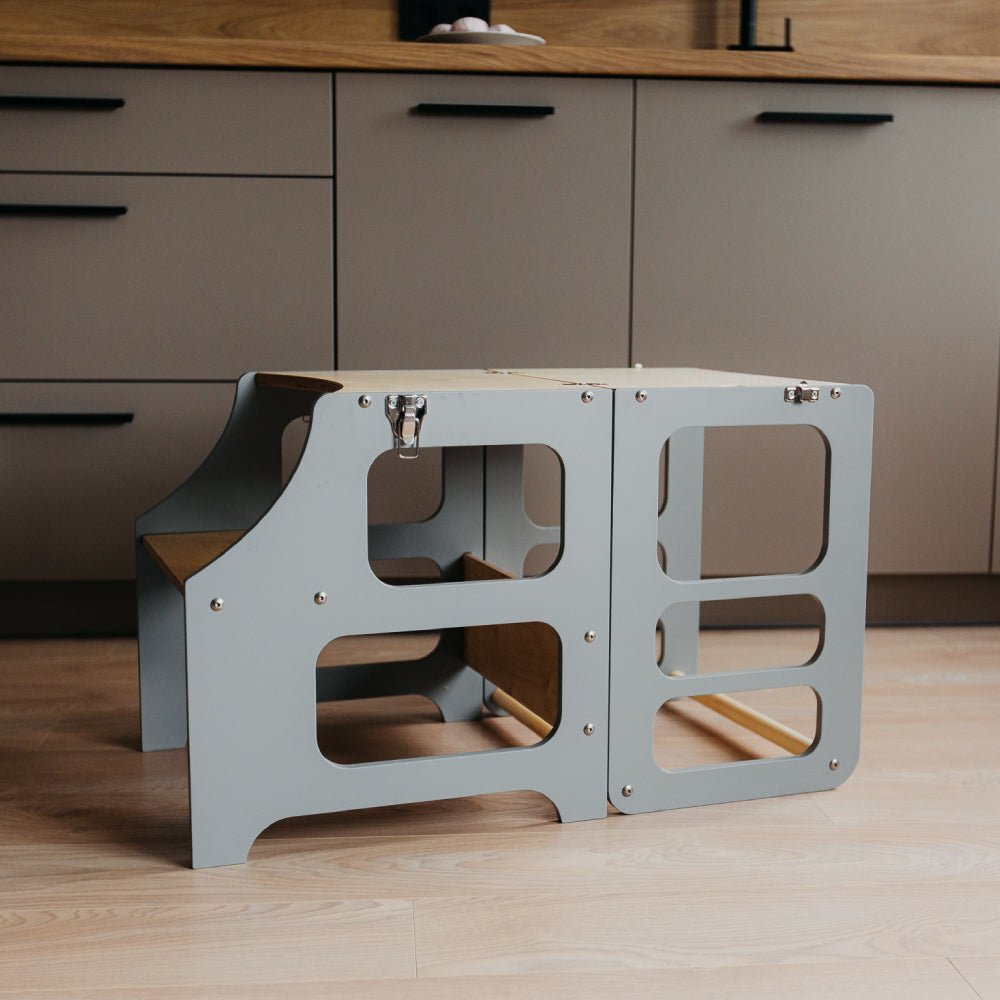 Foldable kitchen tower high chair with a slide - Duck Woodworks