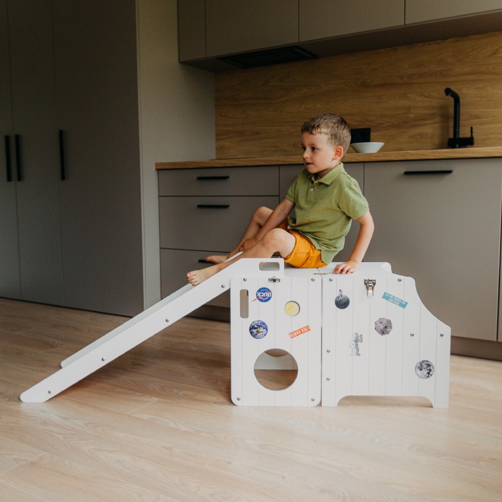 Foldable Kitchen Tower With a Slide - Duck Woodworks