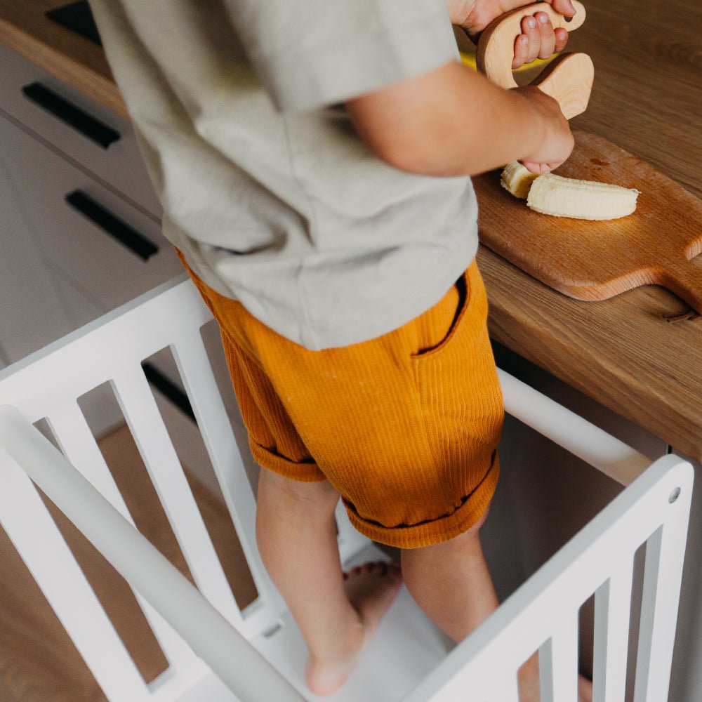 Foldable kitchen tower with slide (striped collection) - Duck Woodworks