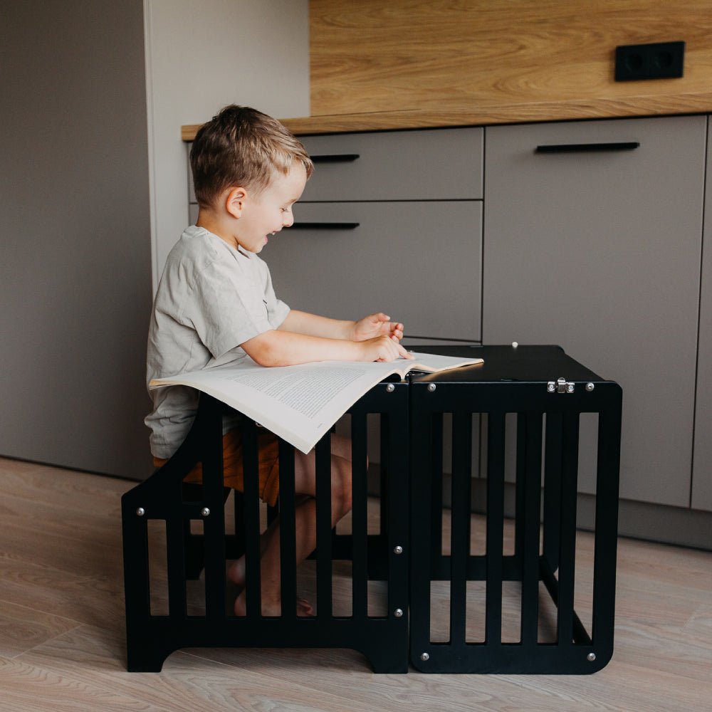 Foldable kitchen tower with slide (striped collection) - Duck Woodworks