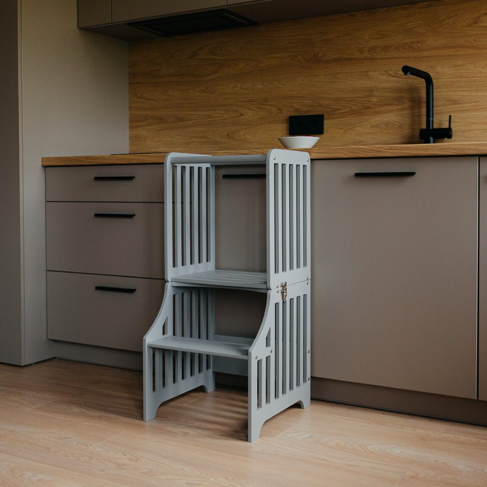 Foldable kitchen tower with slide (striped collection) - Duck Woodworks