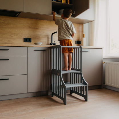 Foldable kitchen tower with slide (striped collection) - Duck Woodworks