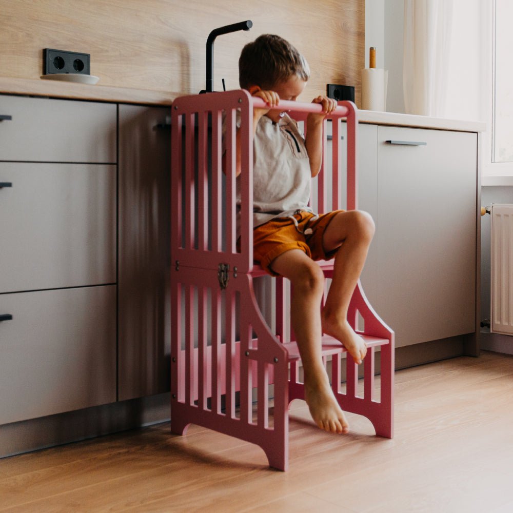 Foldable kitchen tower with slide (striped collection) - Duck Woodworks