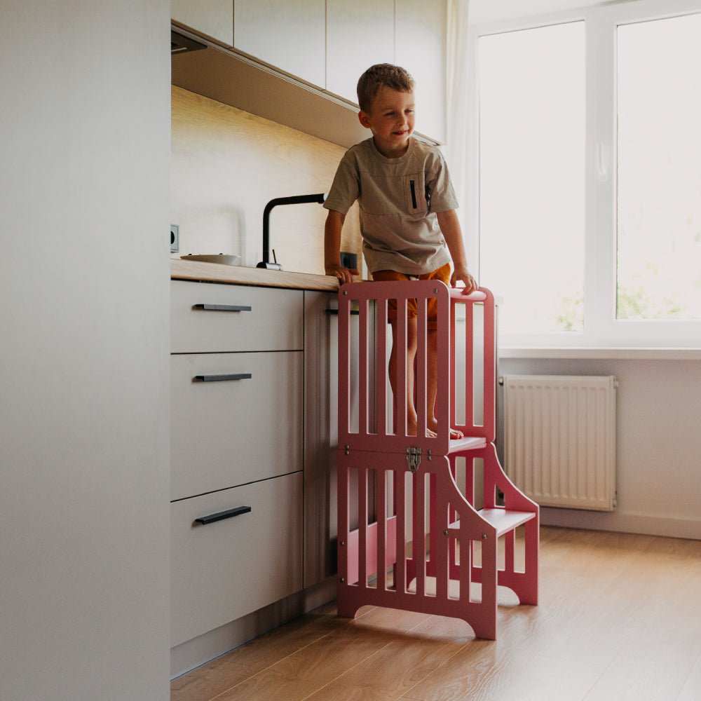 Foldable kitchen tower with slide (striped collection) - Duck Woodworks