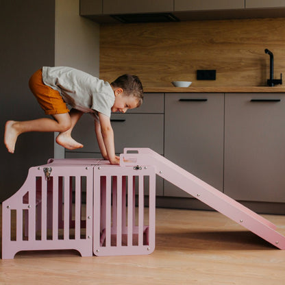 Foldable kitchen tower with slide (striped collection) - Duck Woodworks