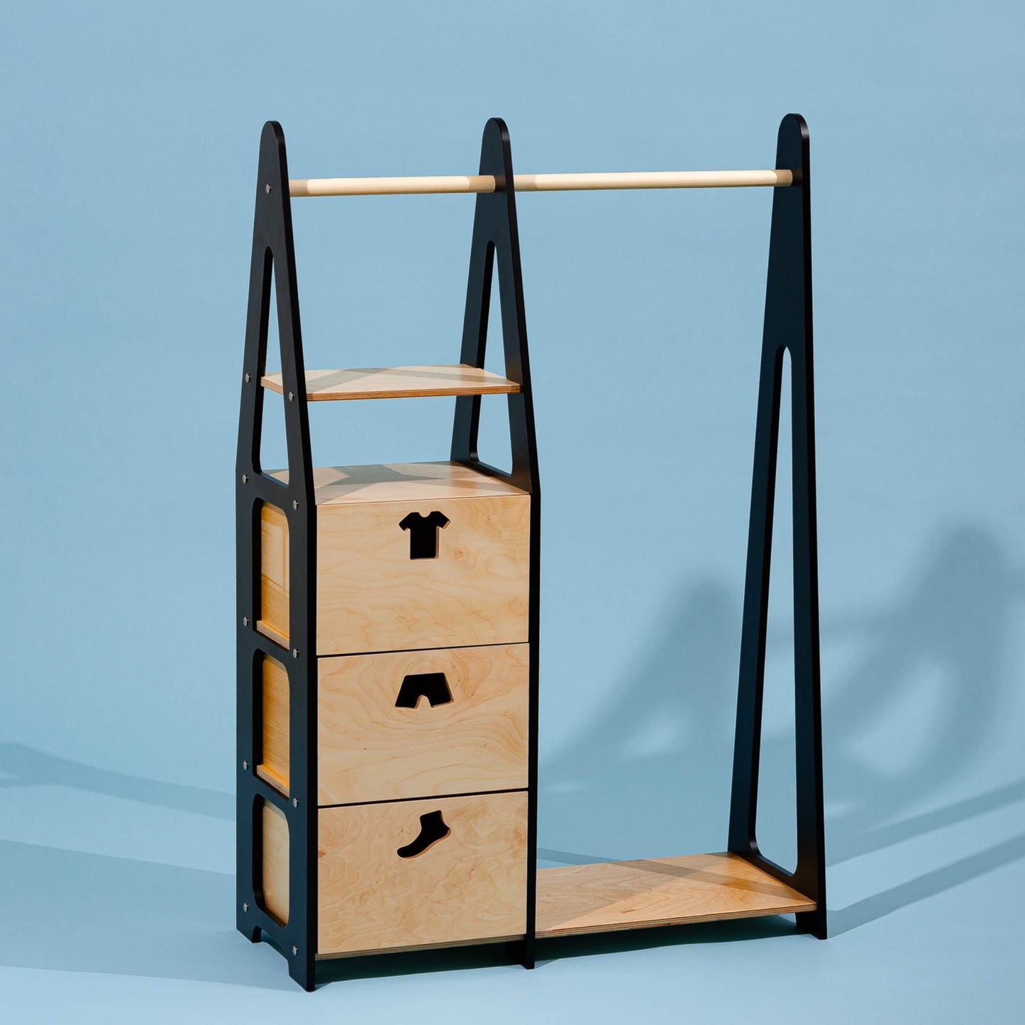 Clothing Rack with drawers (clothing shape holes) - Duck Woodworks