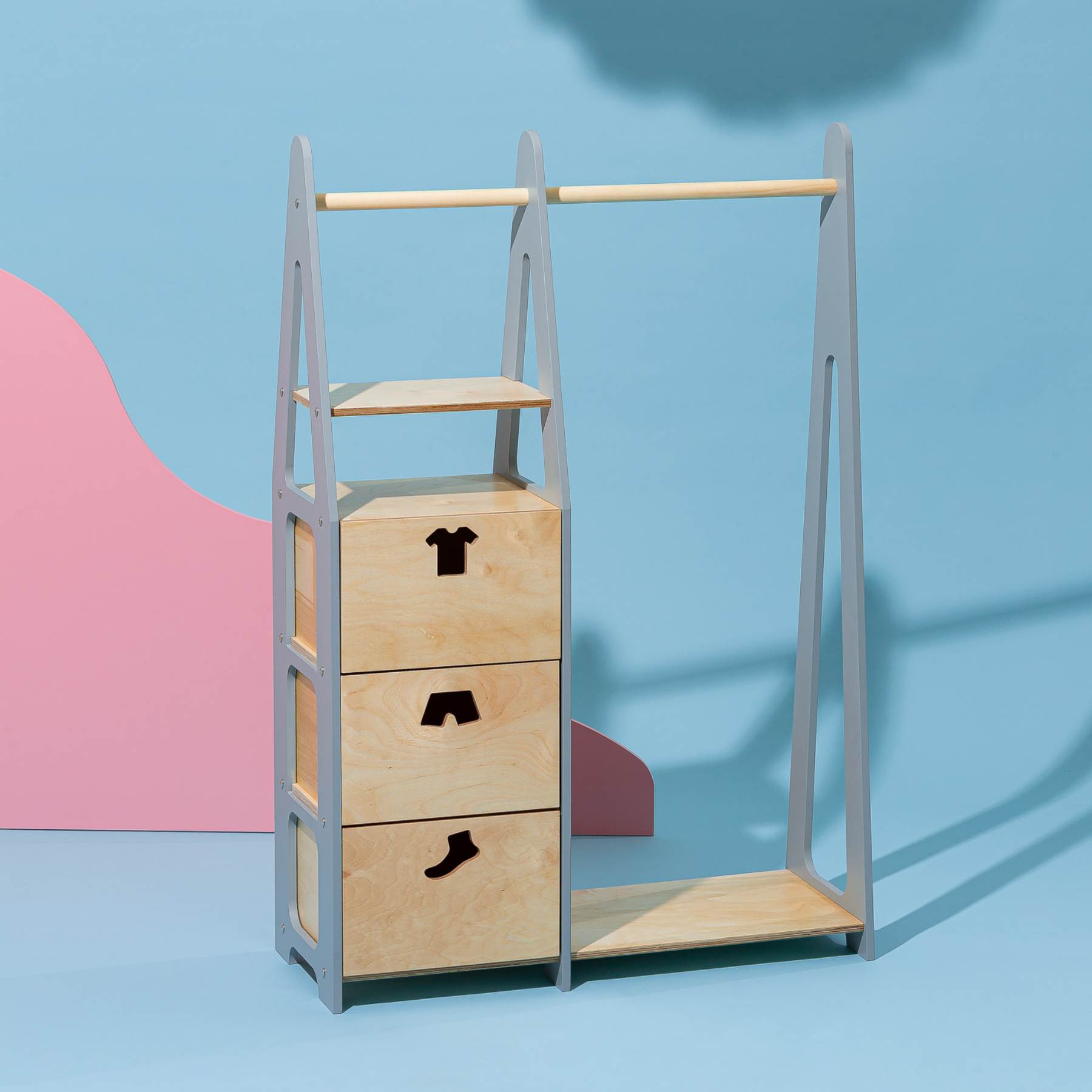 Clothing Rack with drawers (clothing shape holes) - Duck Woodworks